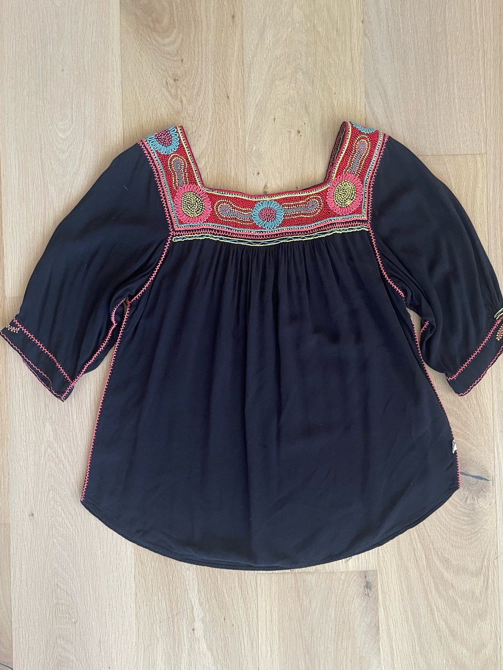 Handmade Mexican Embroidered Black Peasant Top